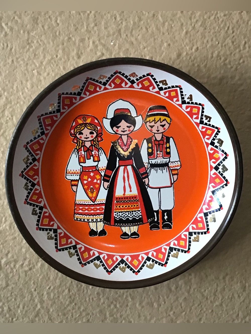 Vintage European Folk Art Small Metal Plate